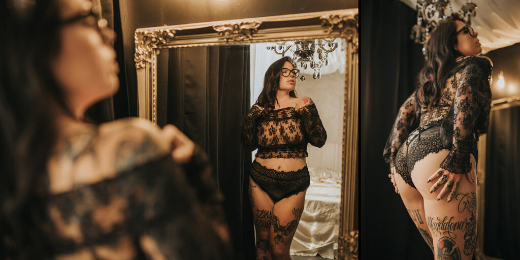 during her boudoir photoshoot in Vancouver photo studio, woman wears black lace outfit in front of gold mirror