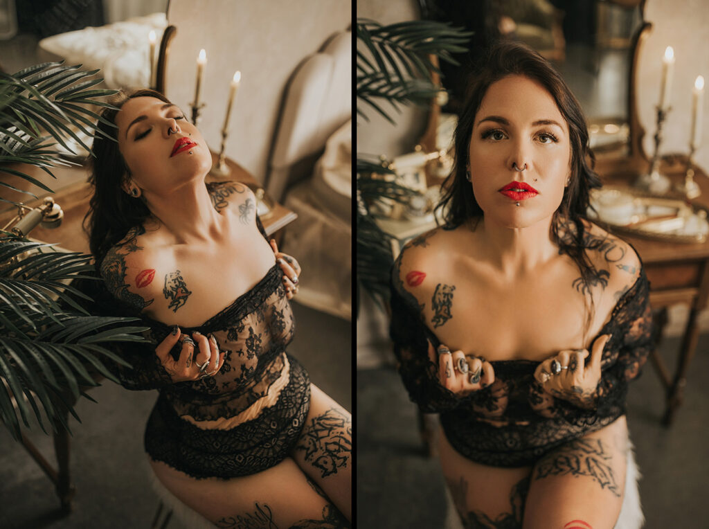 during her boudoir shoot in vancouver, woman poses with red lipstick and black lace outfit
