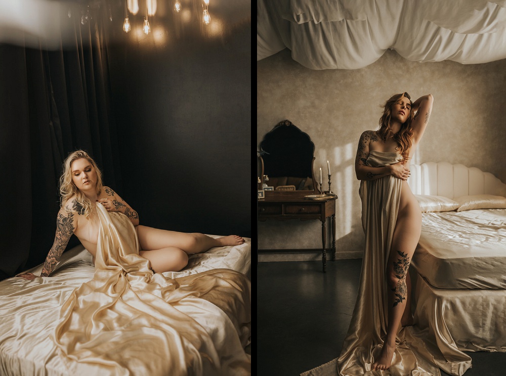 boudoir outfit idea of women using silk sheets in vancouver boudoir photography studio