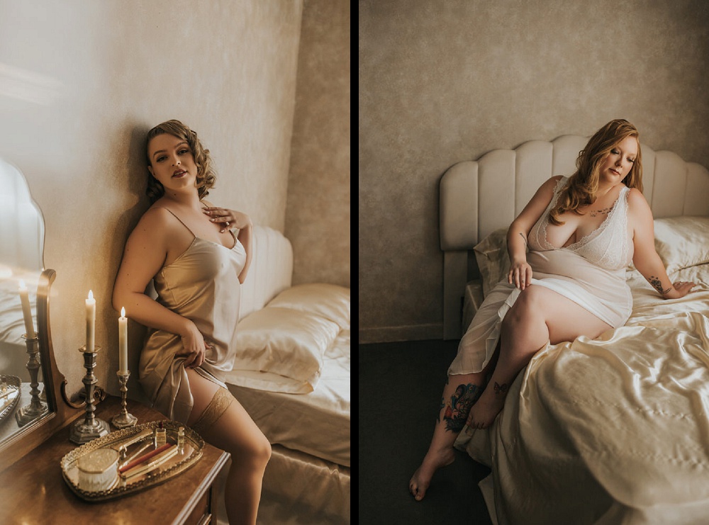 boudoir outfit idea of woman wearing silk slip dress in boudoir studio 